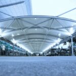 Heavy-duty tensile roofing structure installed in industrial storage yard India